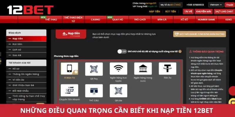 Những điều quan trọng cần biết khi nạp tiền 12bet 